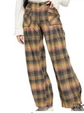 Rare! Free People Birch Plaid Wide Leg Pants GOLD